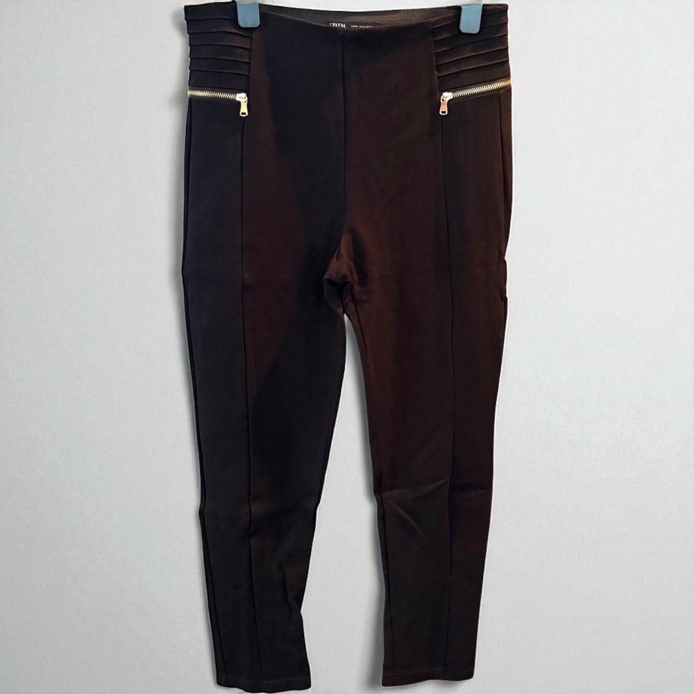 NWOT - Zara Black Leggings with Gold Zipper Detail